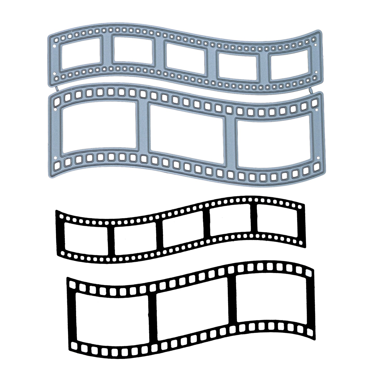 Retro film strip metal cutting dies alongside finished black film strip die cuts for card making and scrapbooking