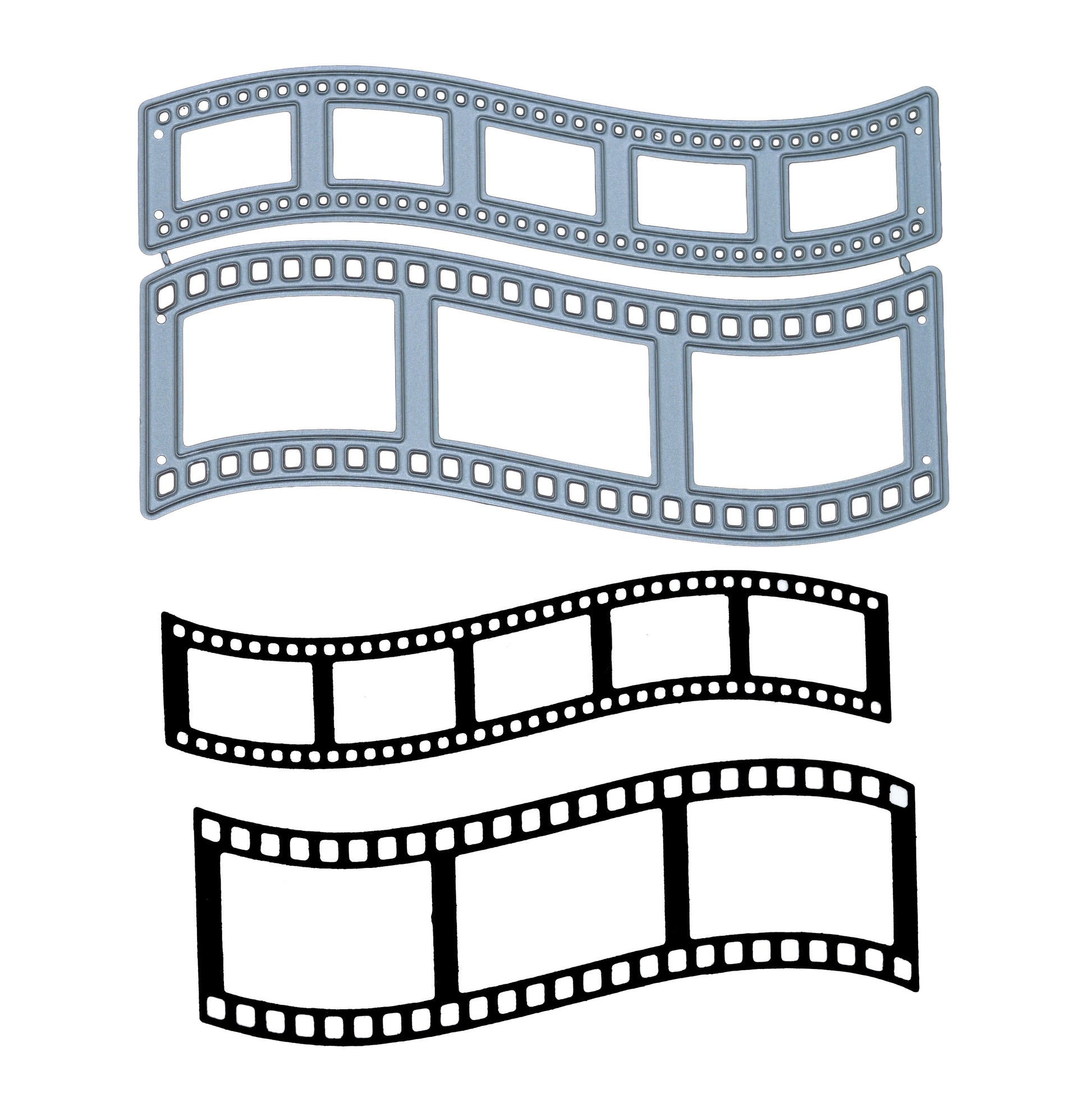 Retro film strip metal cutting dies alongside finished black film strip die cuts for card making and scrapbooking