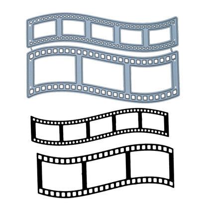Retro film strip metal cutting dies alongside finished black film strip die cuts for card making and scrapbooking