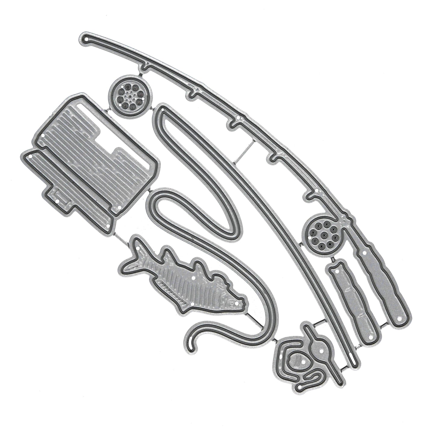 Fishing themed metal cutting die set featuring rod fish tackle box float and reel