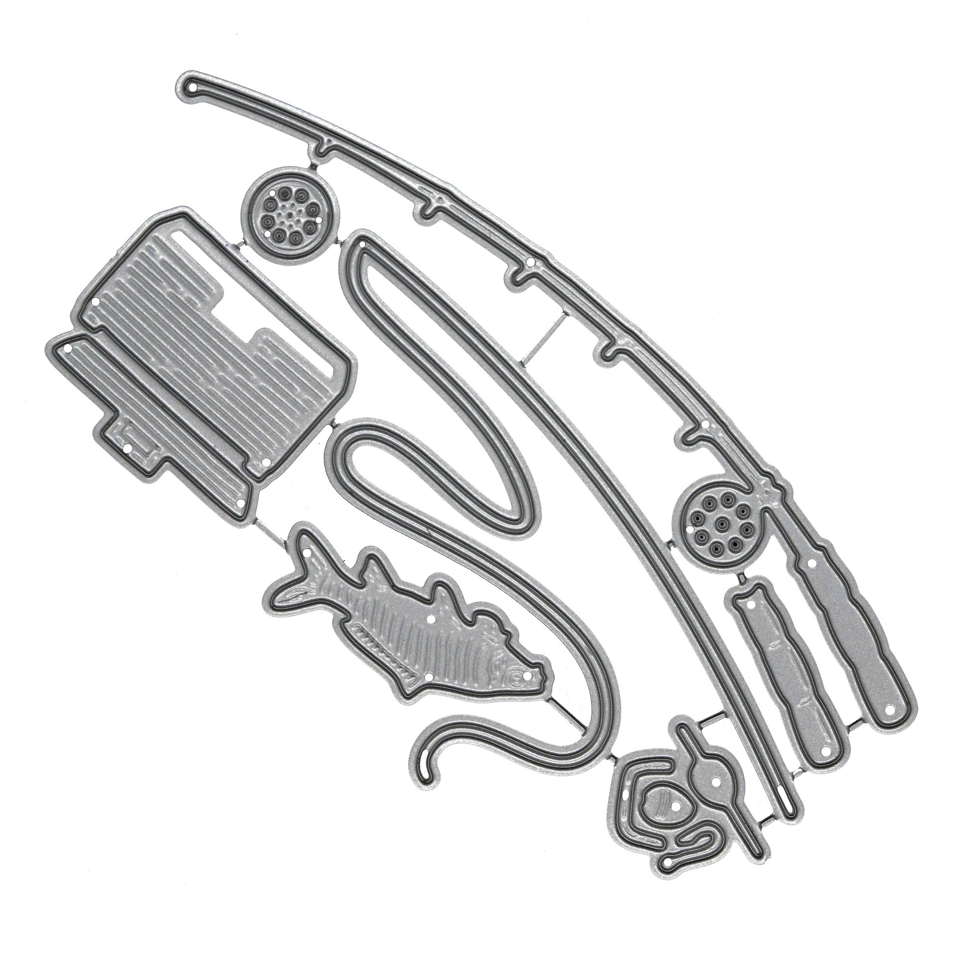 Fishing themed metal cutting die set featuring rod fish tackle box float and reel