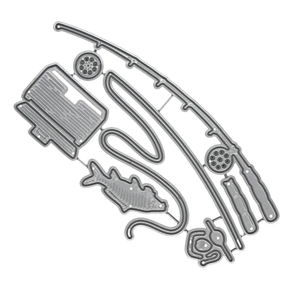 Fishing themed metal cutting die set featuring rod fish tackle box float and reel