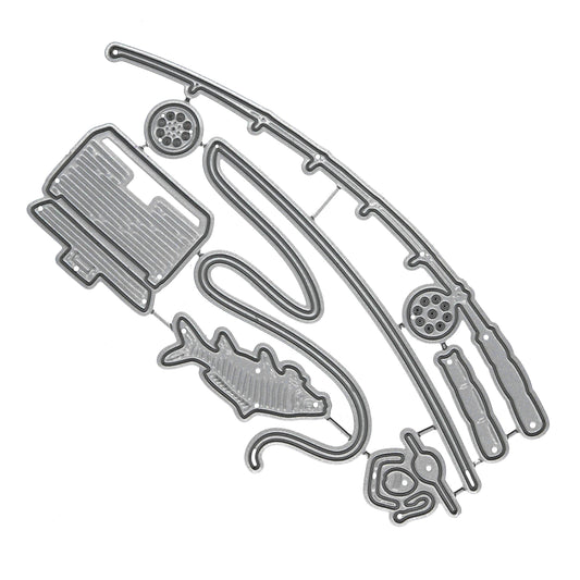 Fishing themed metal cutting die set featuring rod fish tackle box float and reel