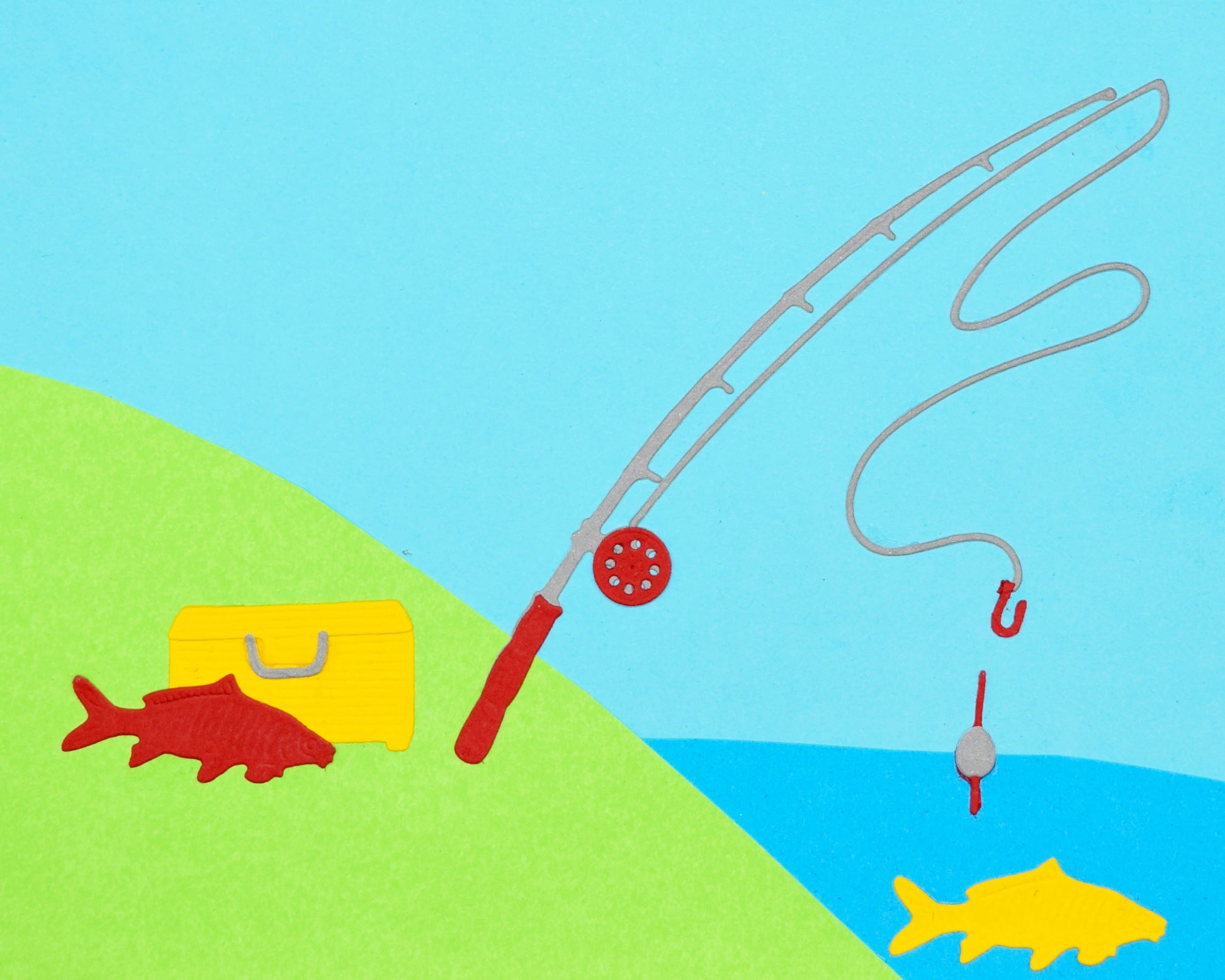 Fishing rod fish and tackle box die cuts for handmade cards and papercraft projects