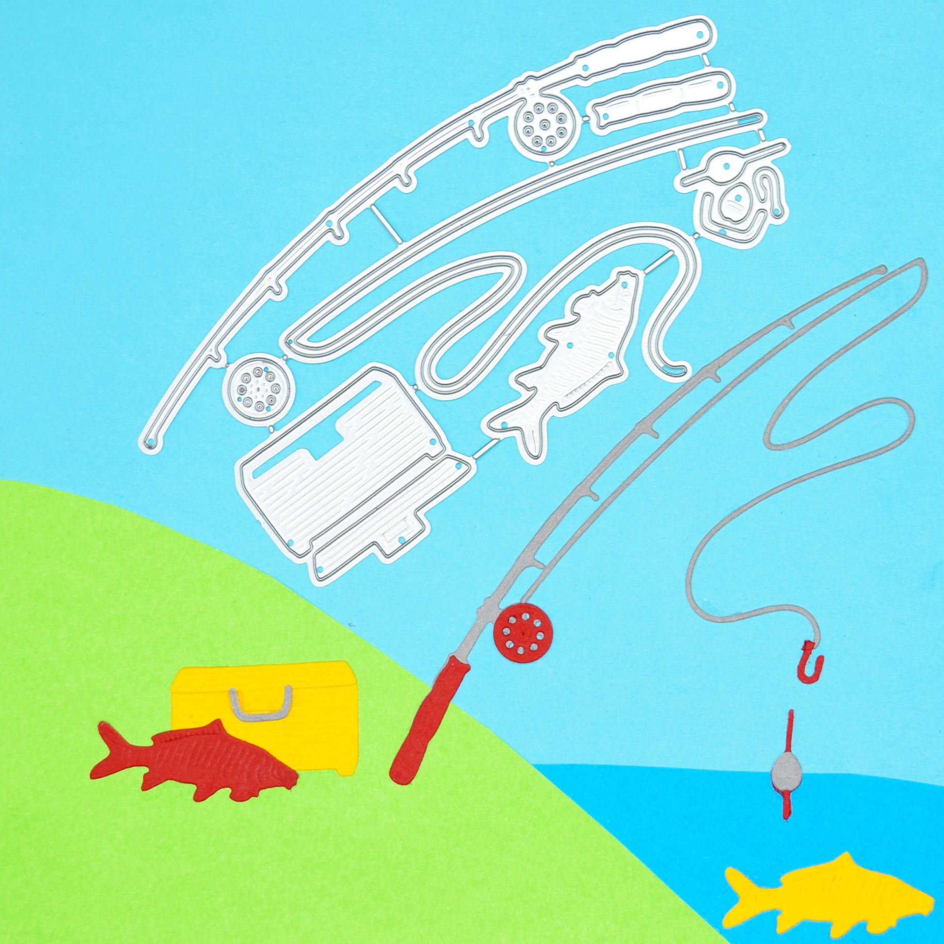 Fishing themed die cuts with rod fish tackle box float and matching metal cutting dies