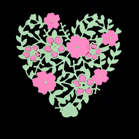 Floral heart die cut with layered flowers and vine details