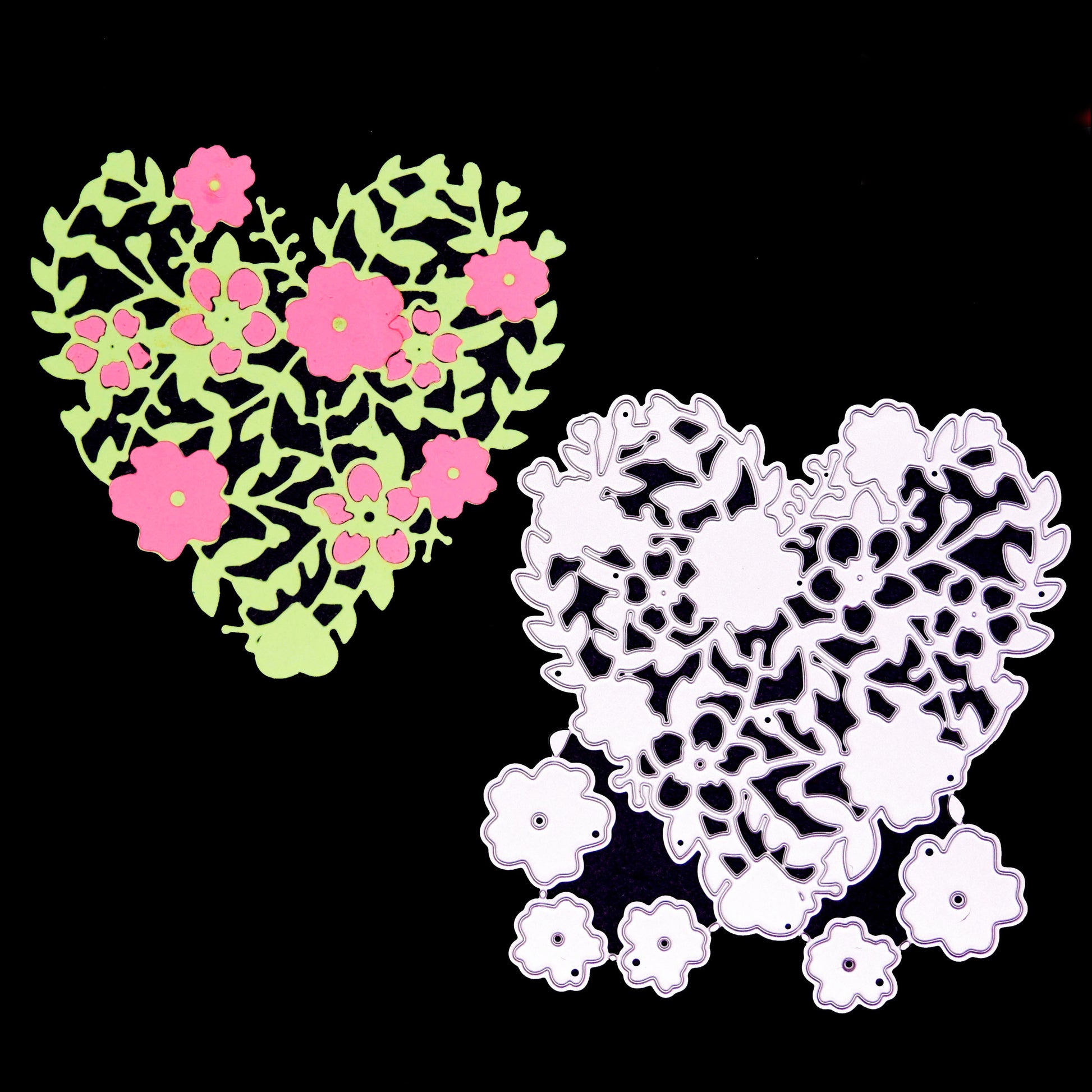 Floral heart metal cutting die with separate flower layering pieces