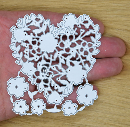 Floral heart metal cutting die set with layered flower pieces