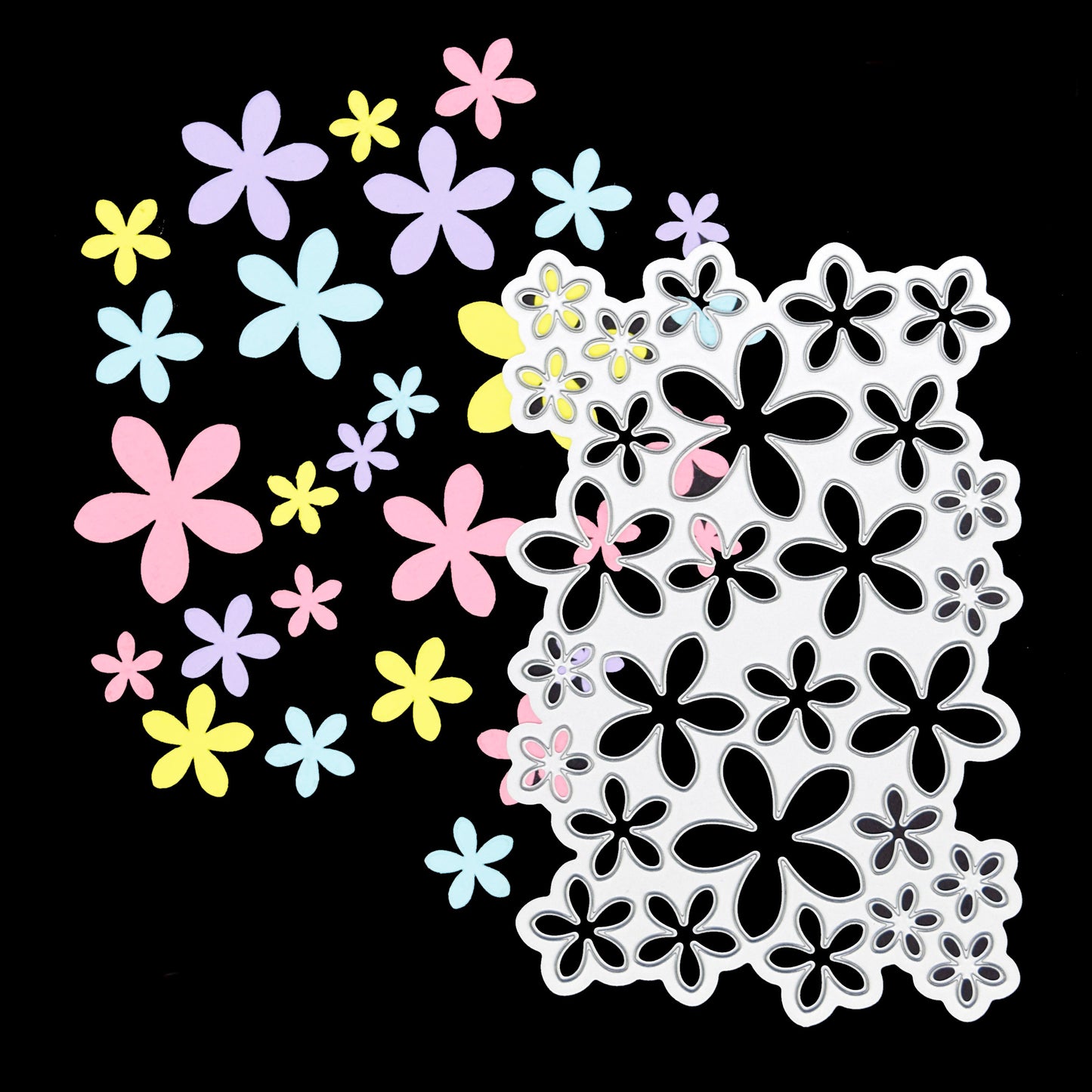 Flower petal background metal cutting die with colourful example cuts