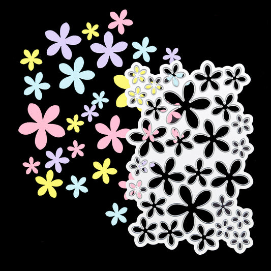 Flower petal background metal cutting die with colourful example cuts
