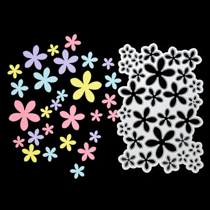 Flower petal background metal cutting die with colourful example cuts