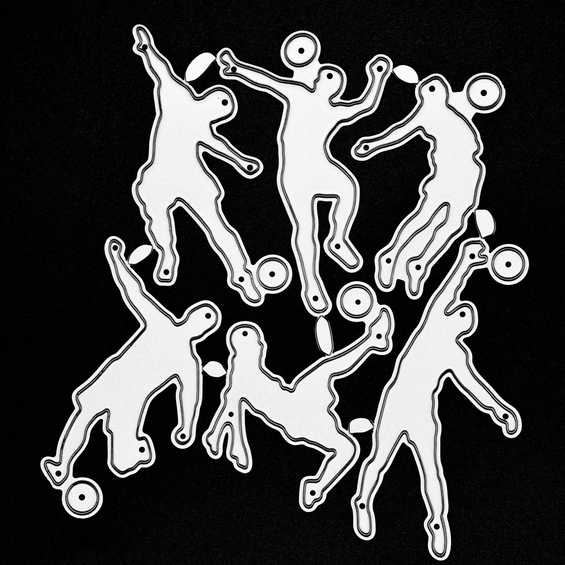 Football player metal cutting die set displayed on a black background