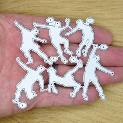 Football player metal cutting dies shown in hand to demonstrate the size of the six-die set