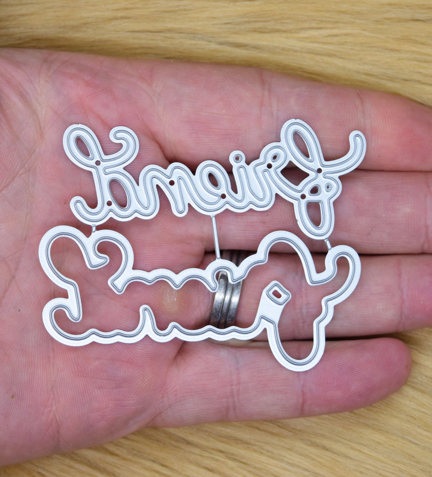Friend script sentiment cutting die shown in hand for scale and sizing