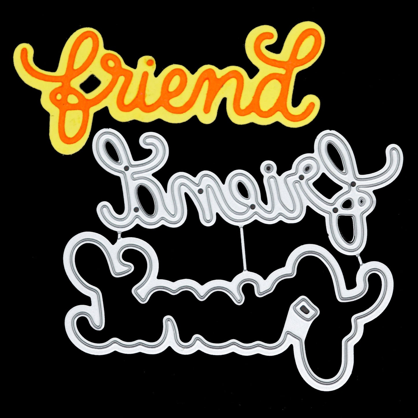 Friend layered script cutting die with finished paper die cut example