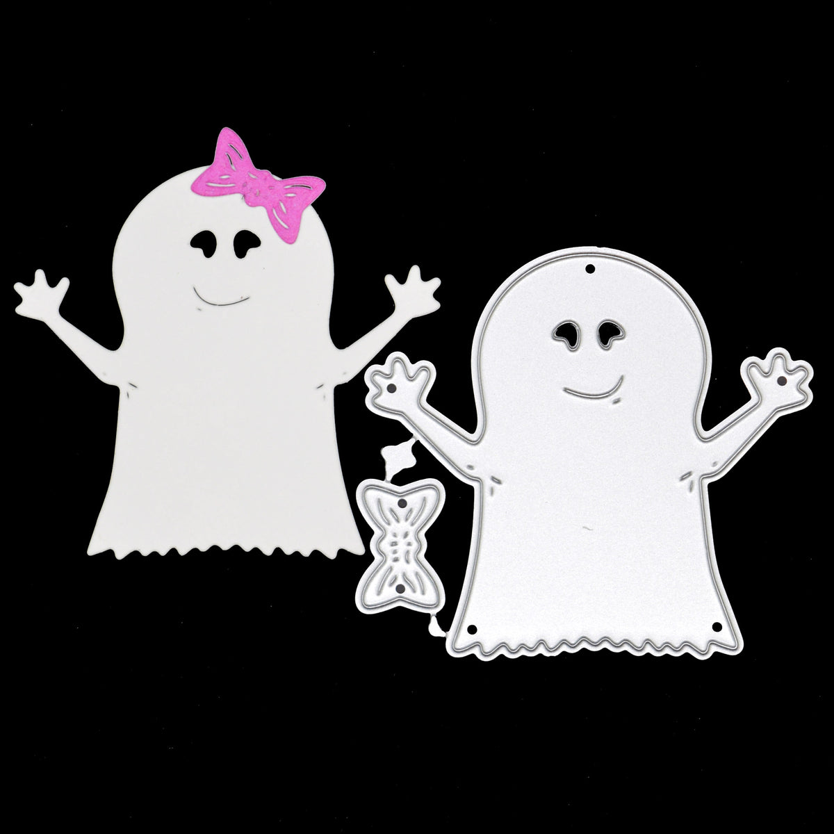 Friendly Halloween ghost paper cut with pink bow shown beside the matching ghost and bow metal cutting dies.