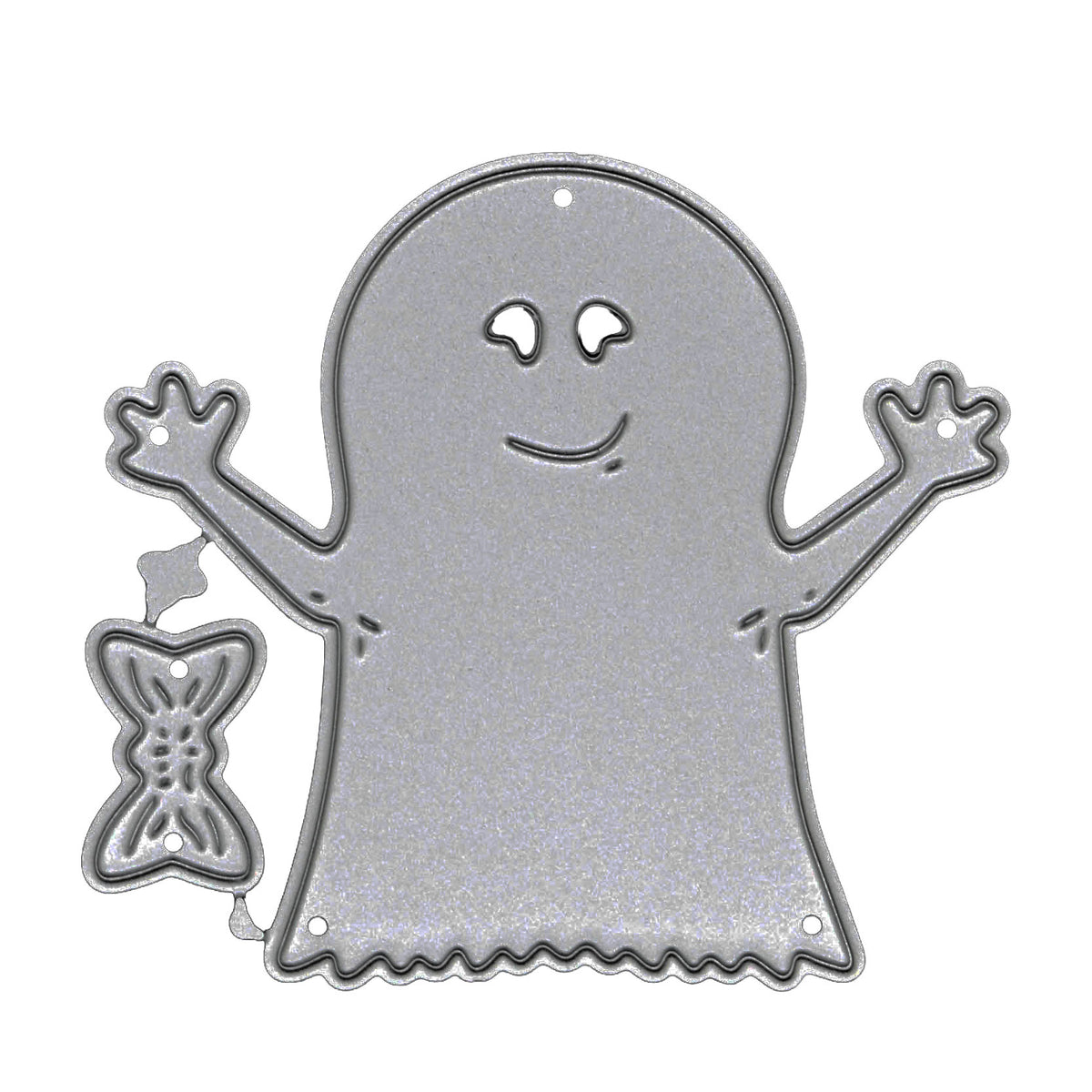 Friendly raised-arm Halloween ghost metal cutting die with separate decorative bow element for card making and papercraft.