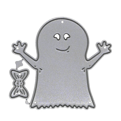Friendly raised-arm Halloween ghost metal cutting die with separate decorative bow element for card making and papercraft.