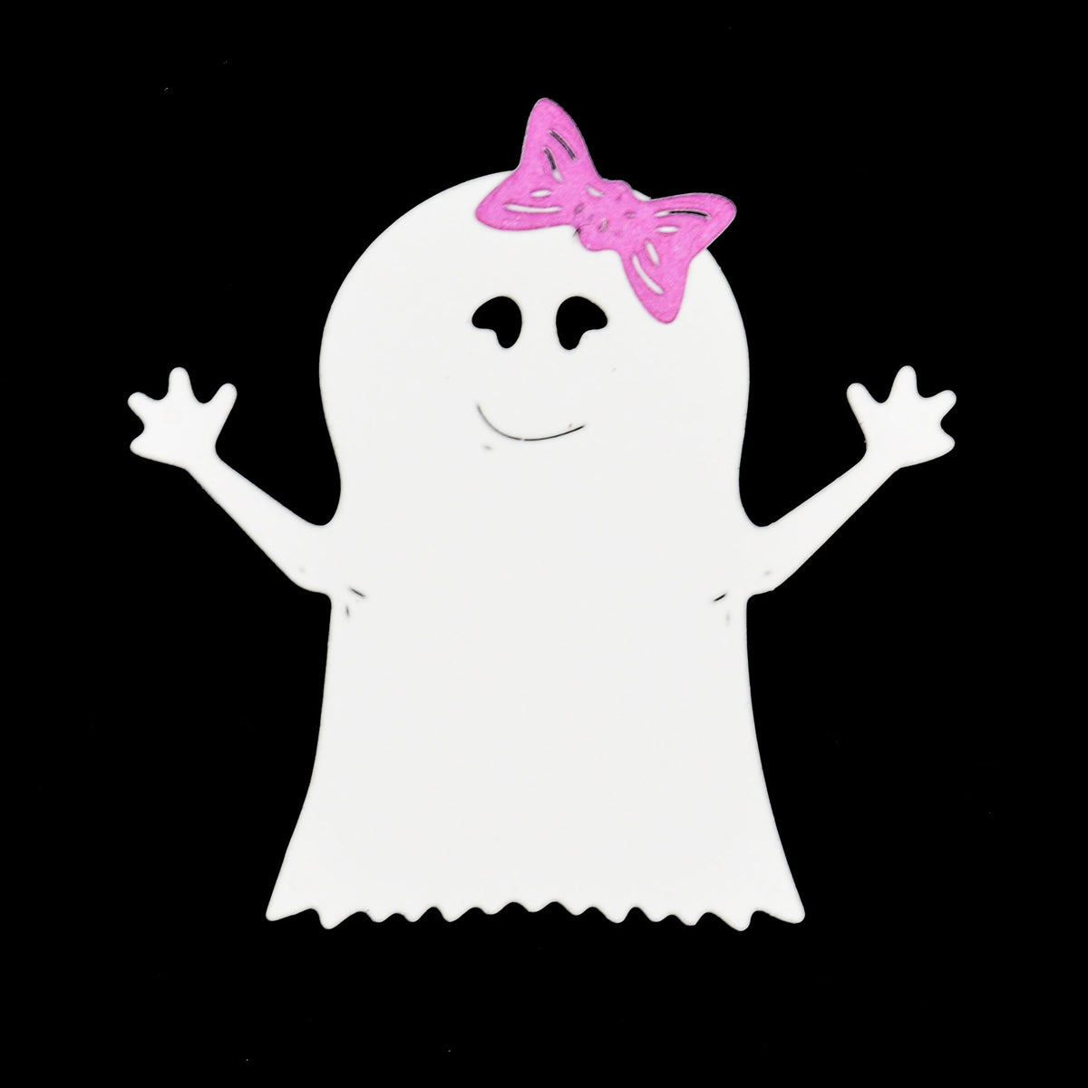 Friendly white Halloween ghost paper die cut with raised arms, smiling face and decorative pink bow.
