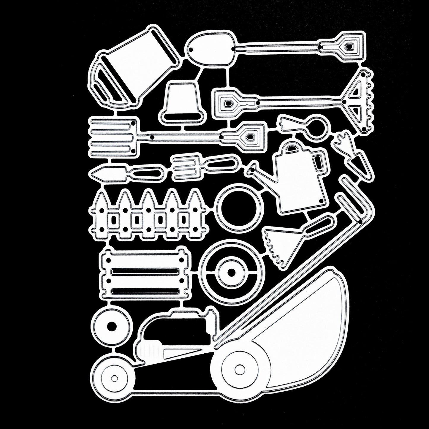 Gardening tools metal cutting dies set displayed on black card background showing lawn mower, tools and accessories