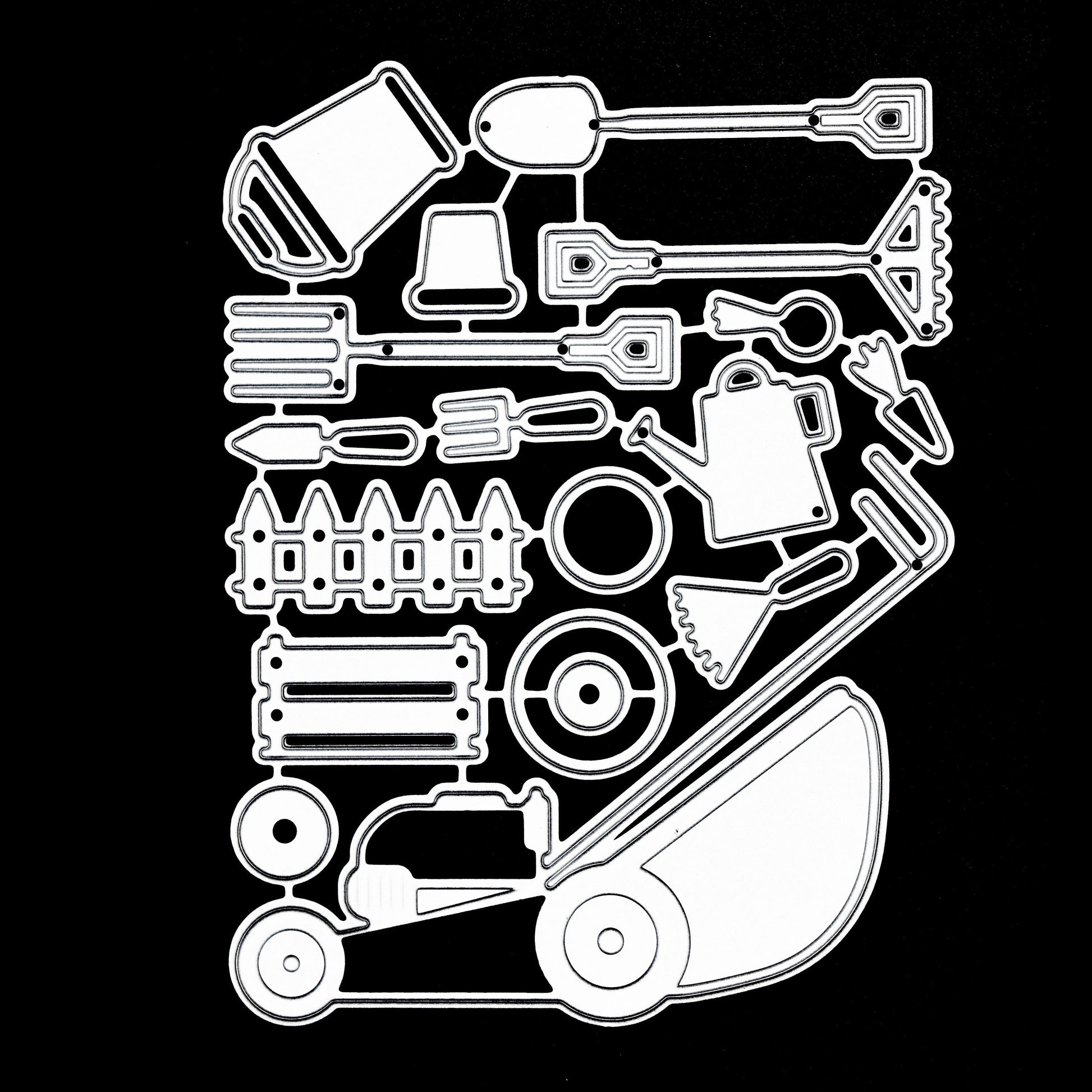 Gardening tools metal cutting dies set displayed on black card background showing lawn mower, tools and accessories