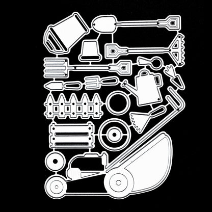 Gardening tools metal cutting dies set displayed on black card background showing lawn mower, tools and accessories