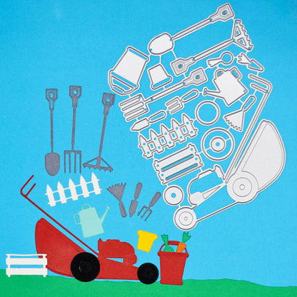 Gardening tools metal cutting dies shown alongside finished cut pieces for card making and craft projects