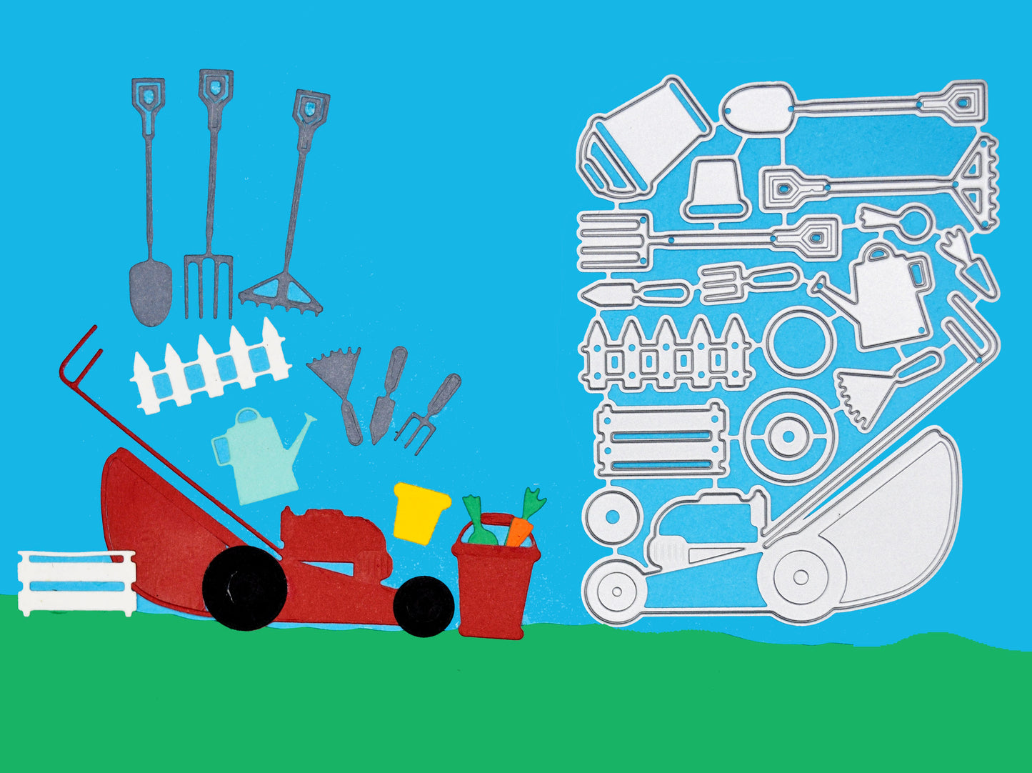 Gardening tools metal cutting die set with finished garden scene layout showing mower, tools and accessories for papercraft