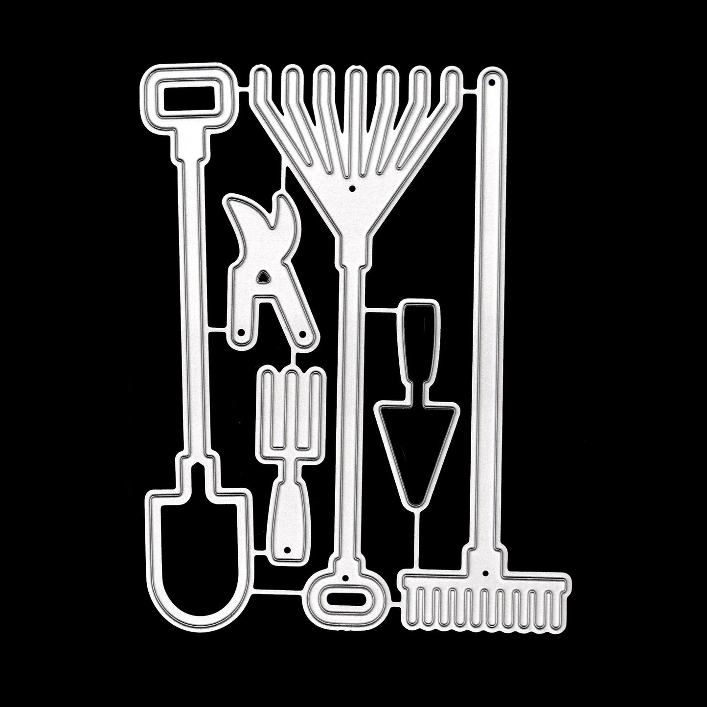 Garden hand tools metal cutting dies set with shovel, rake, trowel, fork and secateurs on a black background