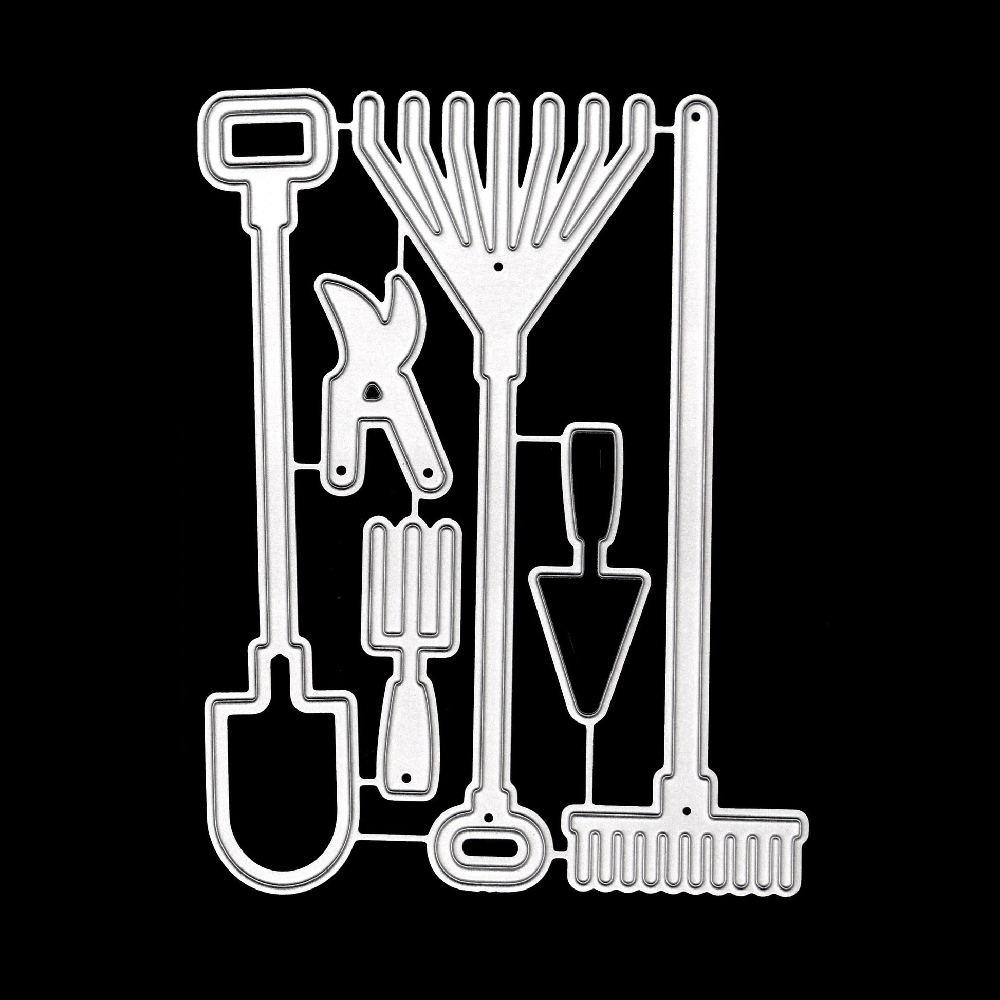 Garden hand tools metal cutting dies set with shovel, rake, trowel, fork and secateurs on a black background