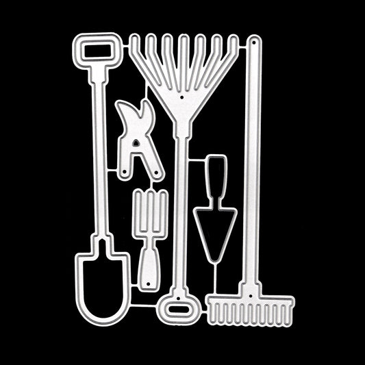 Garden hand tools metal cutting dies set with shovel, rake, trowel, fork and secateurs on a black background