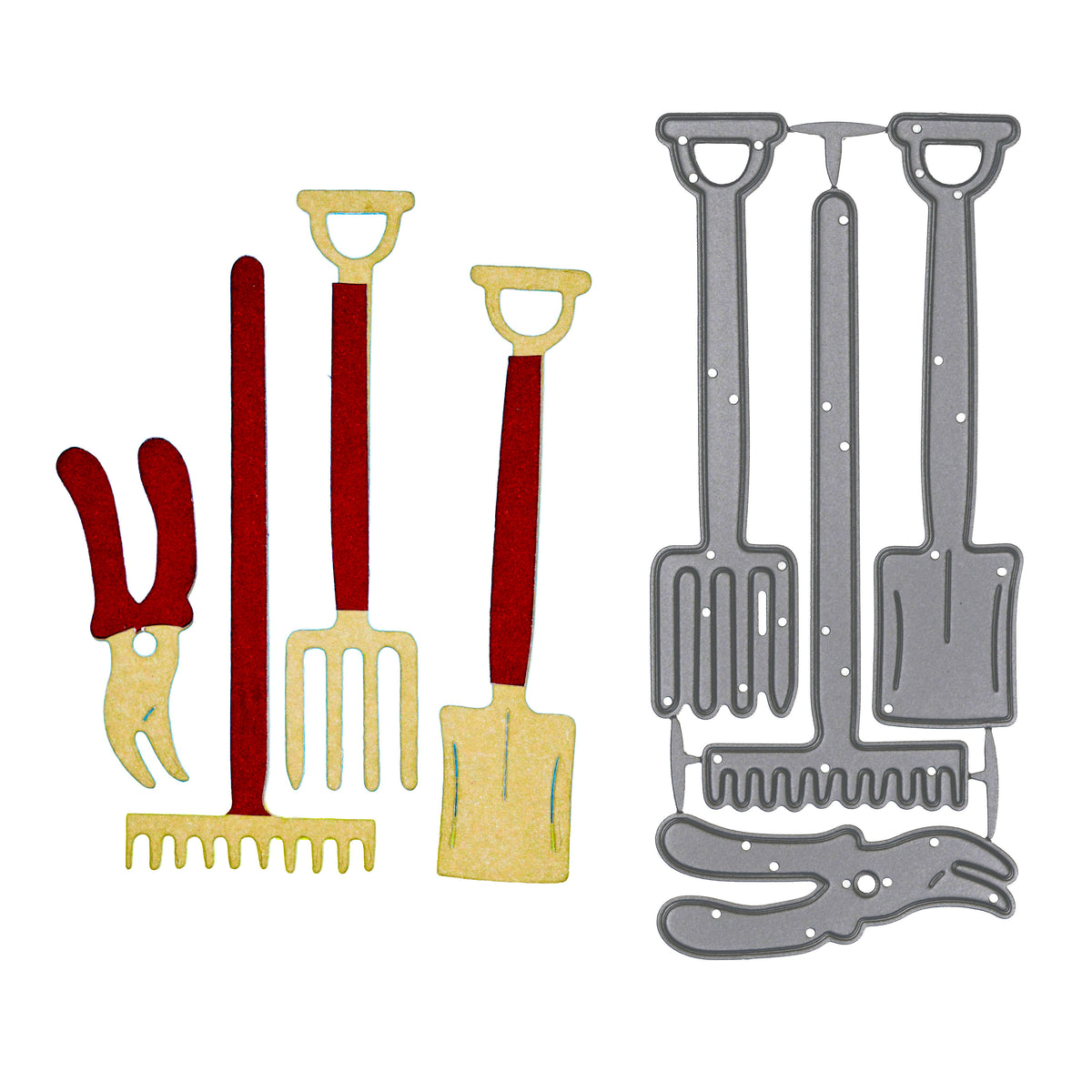 Gardening tools metal cutting dies shown with example paper cuts of a spade, fork, rake and secateurs for card making and papercraft.