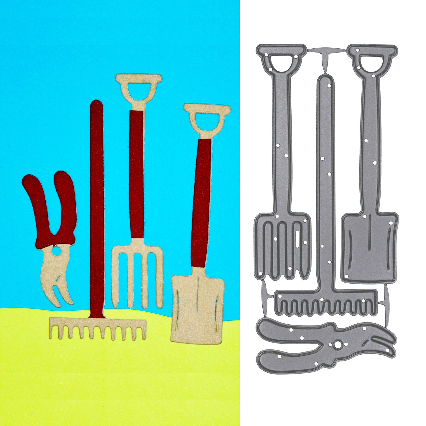 Gardening tools metal cutting dies shown beside completed spade, fork, rake and secateurs papercraft cuts.