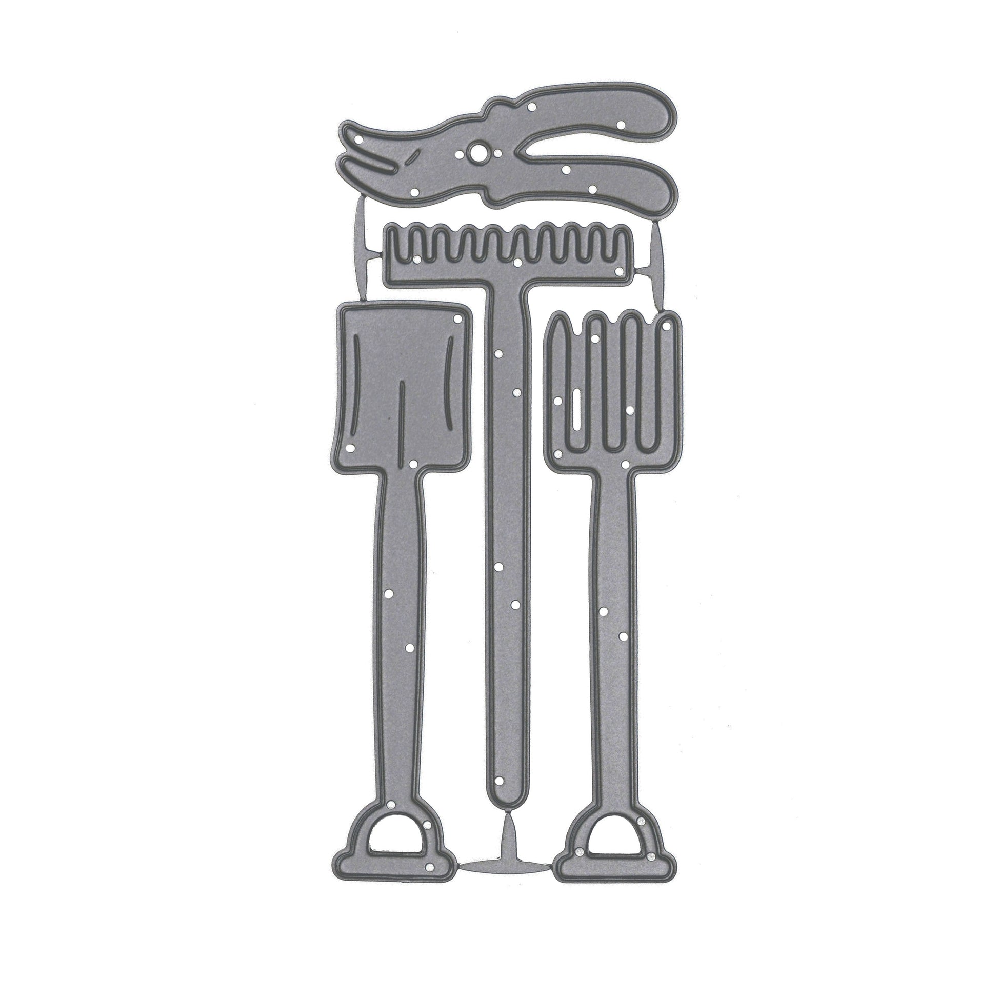 Gardening tools metal cutting die set with spade, fork, rake and secateurs shown on a white background.