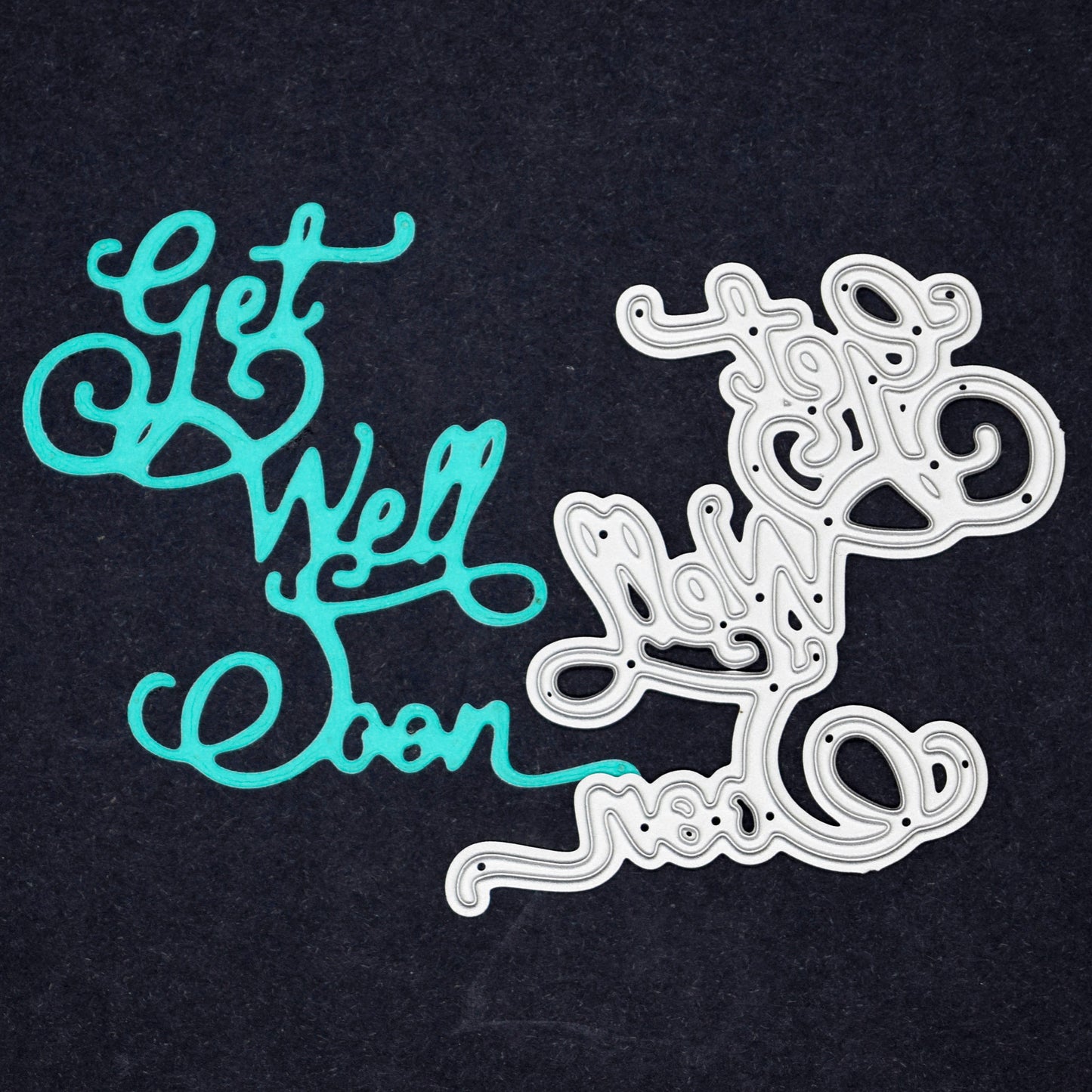Get Well Soon script sentiment metal cutting die with matching turquoise die cut for handmade cards and papercraft projects