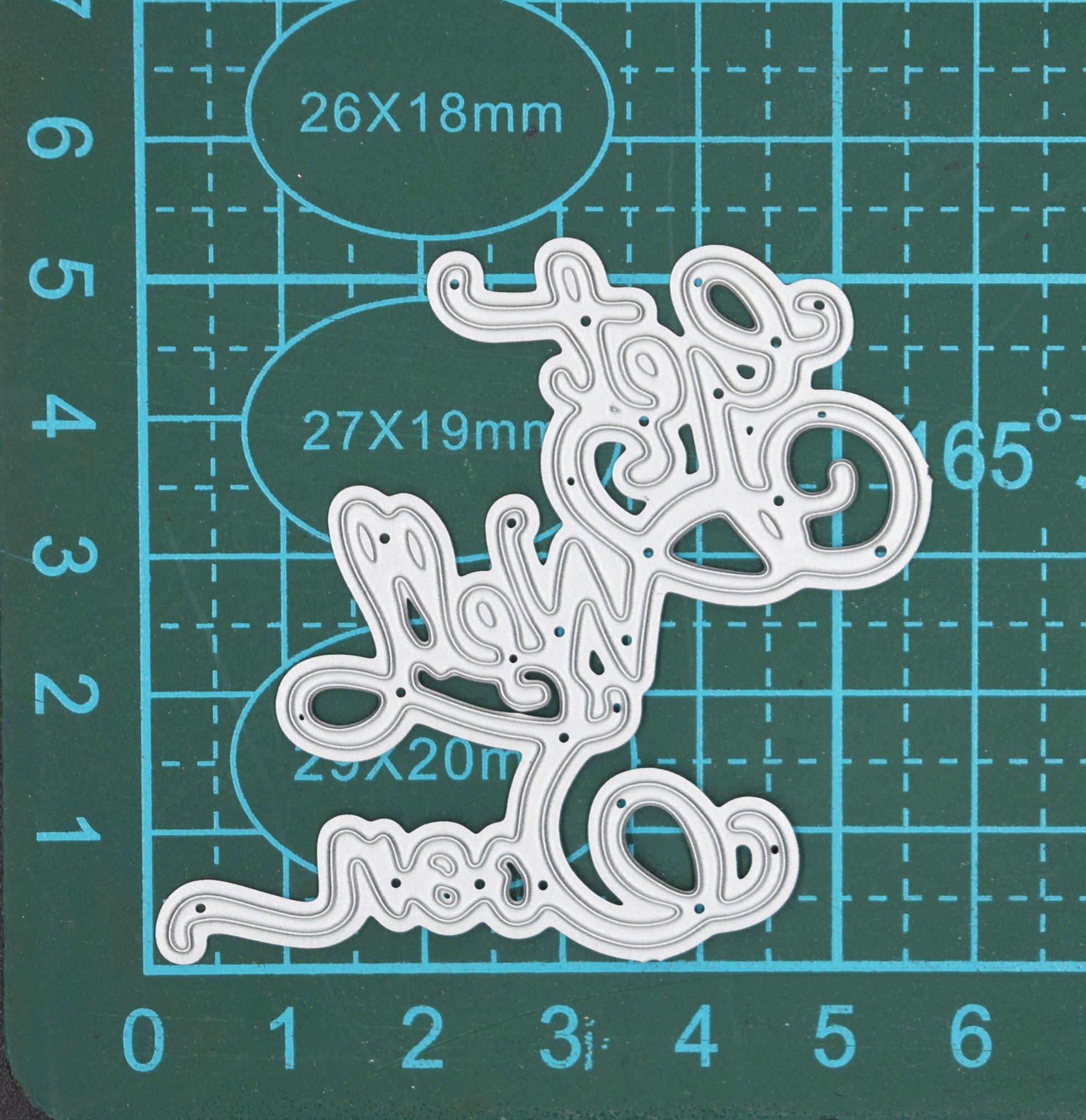 Get Well Soon script sentiment metal cutting die displayed on cutting mat showing approximate size for card making crafts