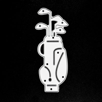 Golf bag metal cutting die on wood background showing golf clubs and bag design