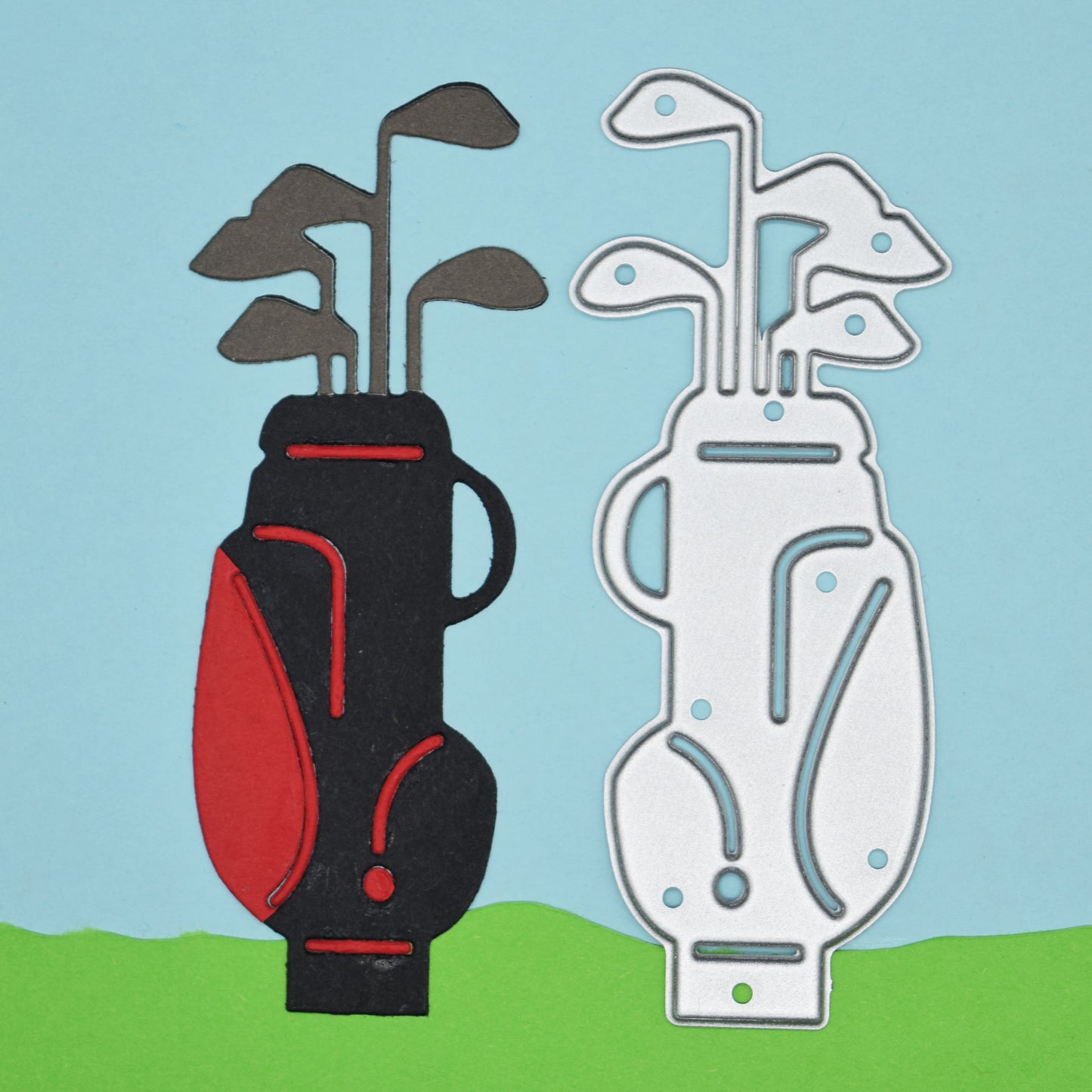 Golf bag metal cutting die shown with finished cut example for golf themed card making