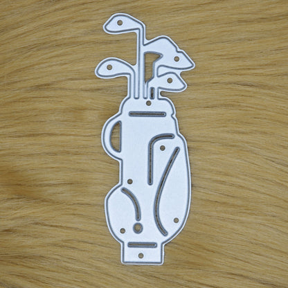 Golf bag metal cutting die on faux fur background showing golf clubs and bag design