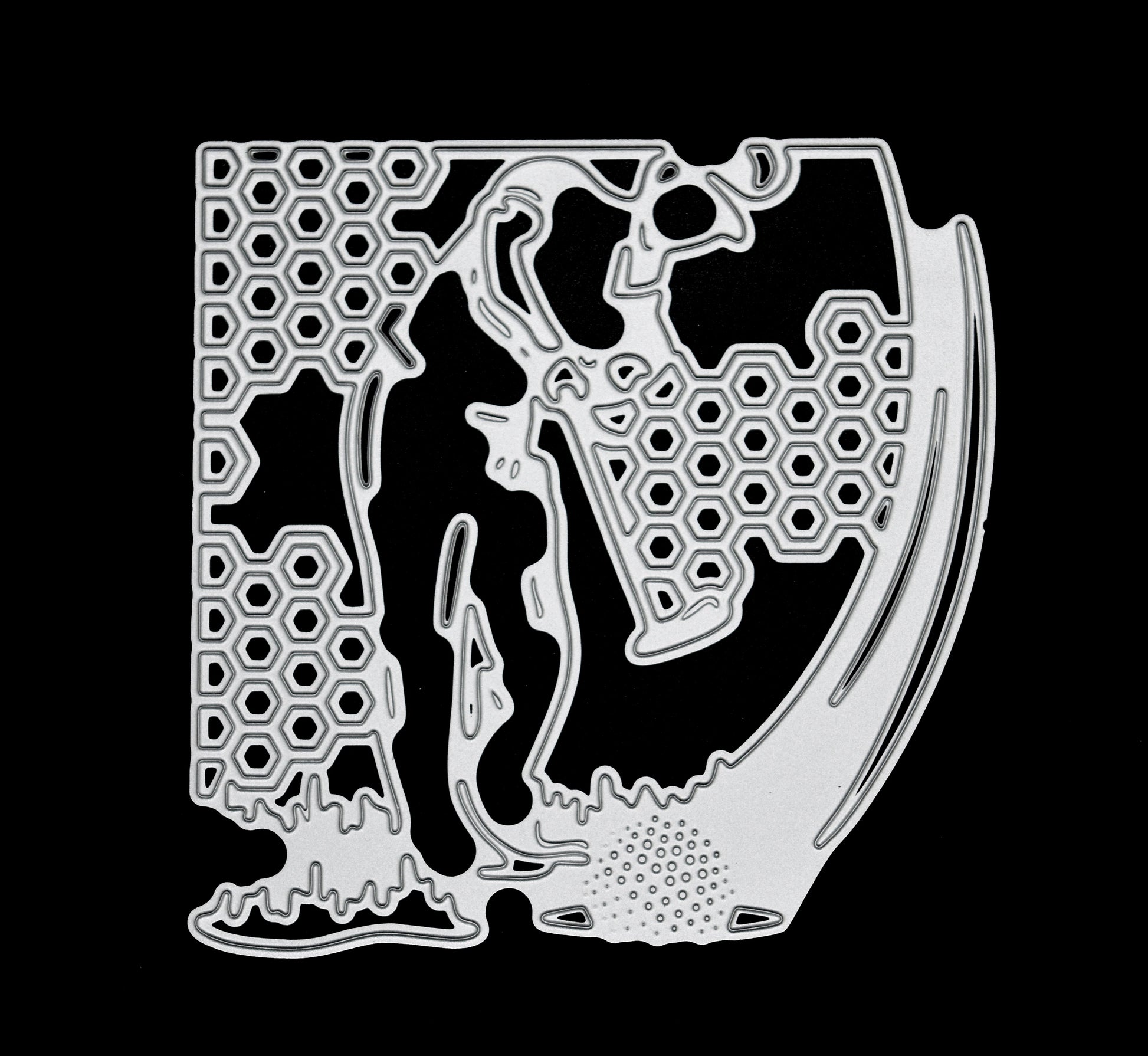 Detailed golfer silhouette metal cutting die with honeycomb background and golf ball design