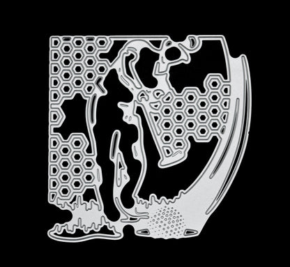 Detailed golfer silhouette metal cutting die with honeycomb background and golf ball design