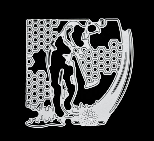 Detailed golfer silhouette metal cutting die with honeycomb background and golf ball design