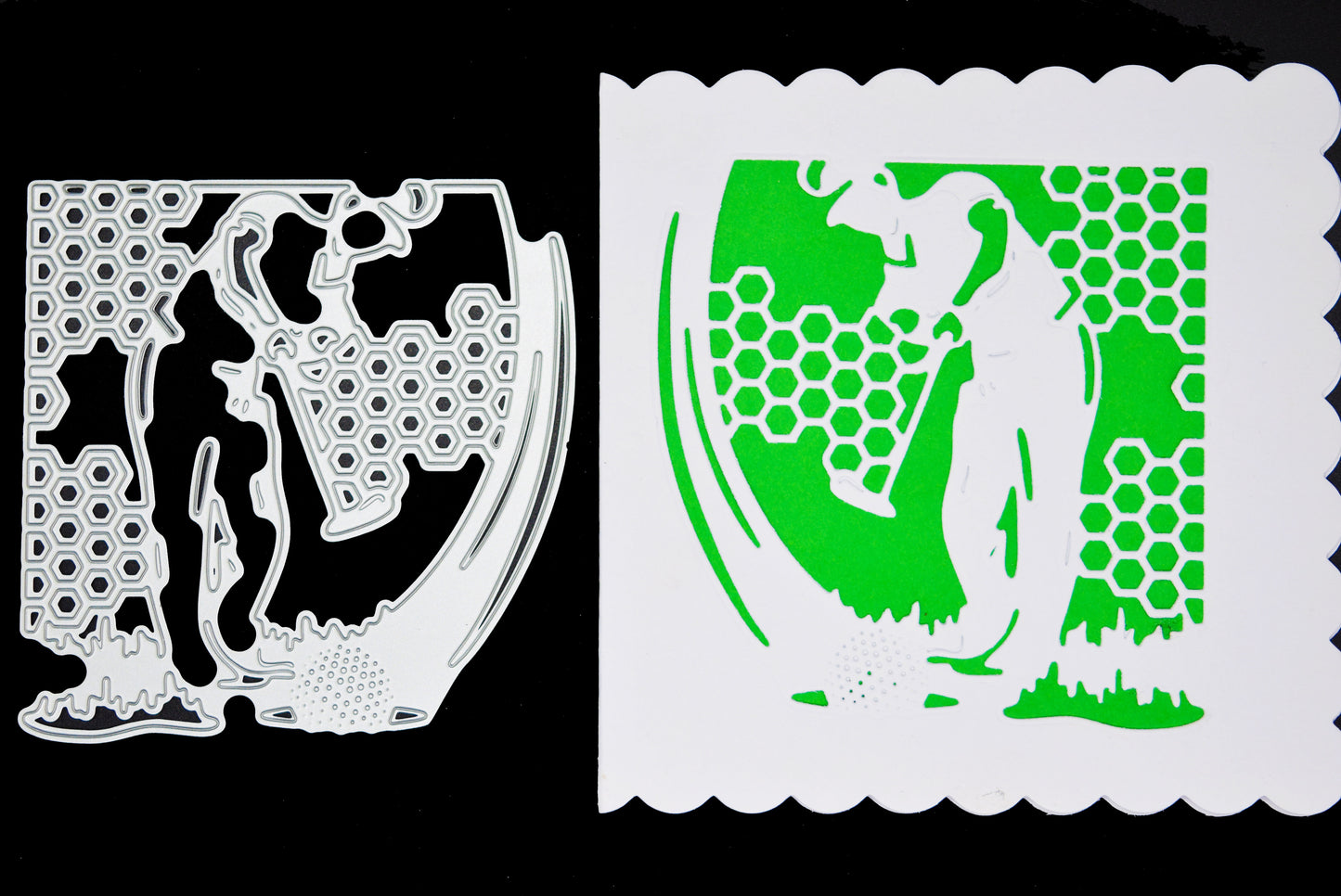 Golfer metal cutting die alongside finished card example showing golf scene design