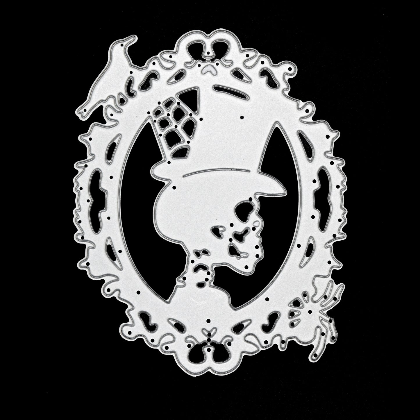 Gothic Halloween frame metal cutting die featuring skull silhouette and ornate border