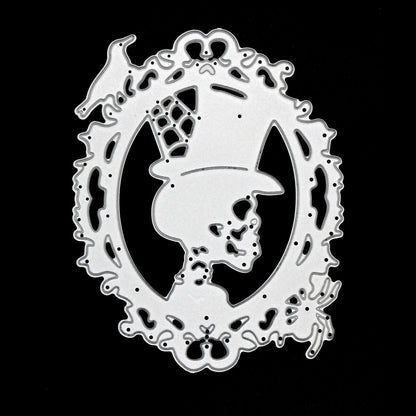 Gothic Halloween frame metal cutting die featuring skull silhouette and ornate border