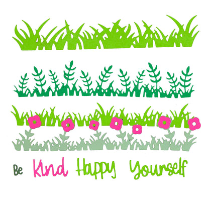 Grass border die cuts with floral meadow and sentiment designs for handmade card making