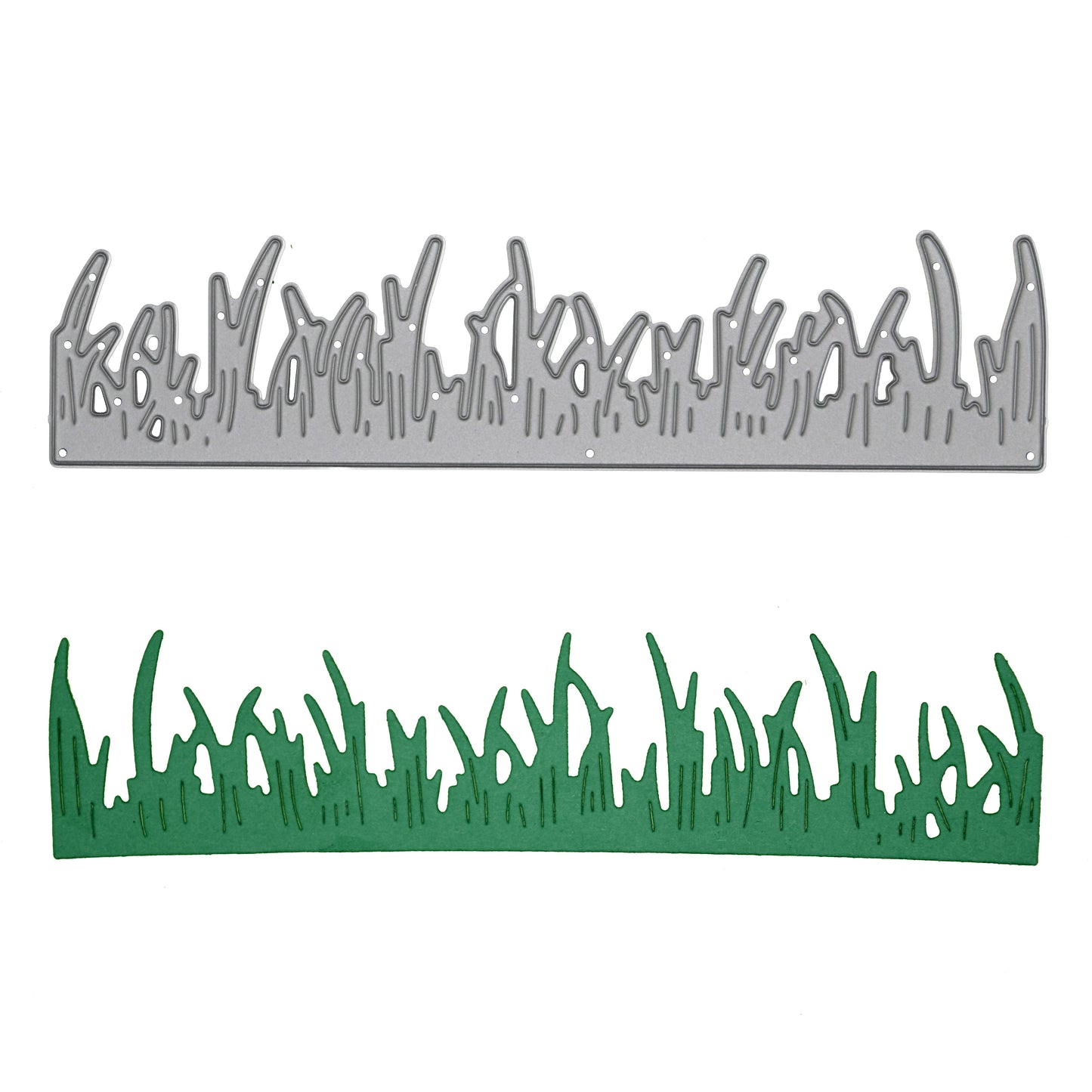 Grass border metal cutting die with the finished green papercraft border displayed on a white background