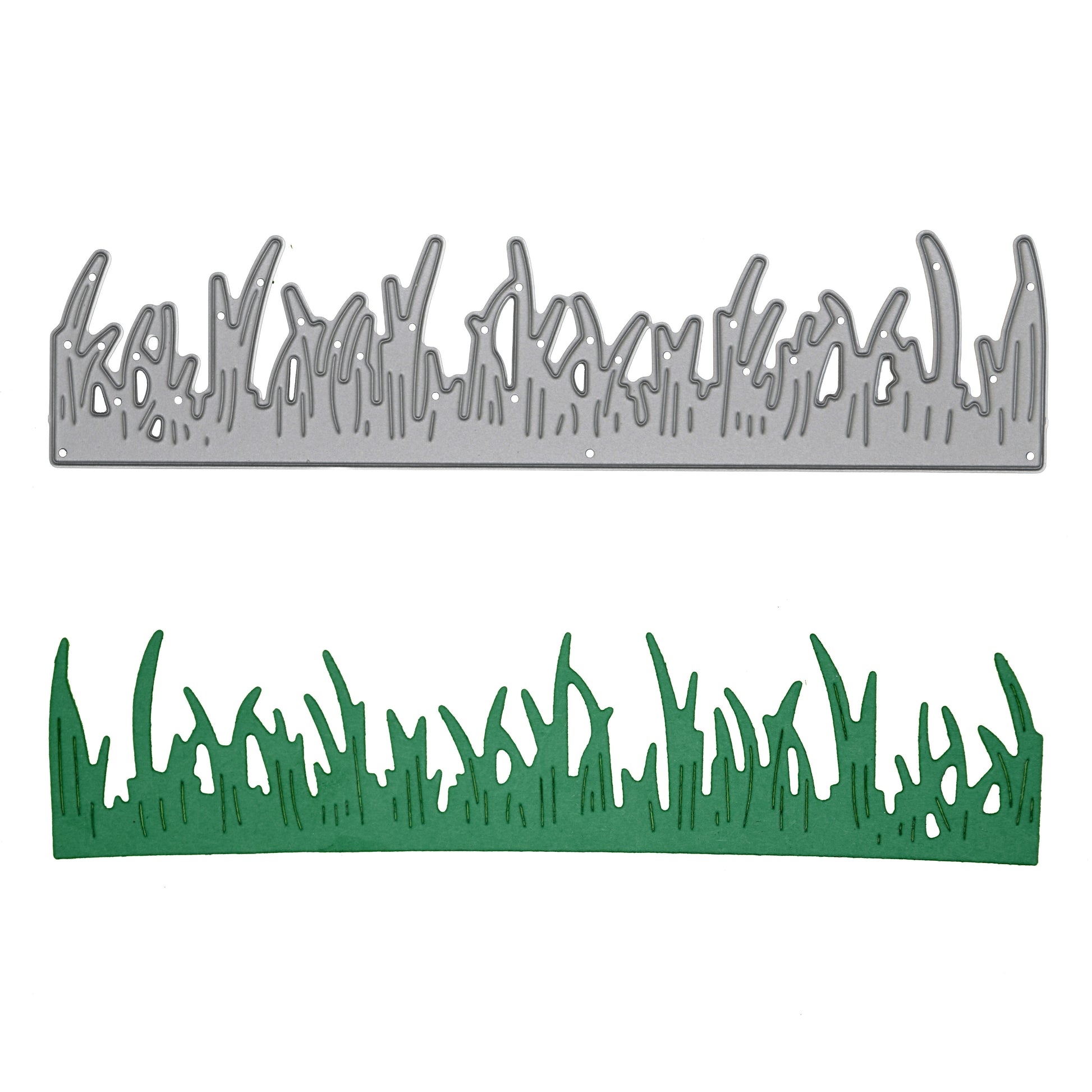 Grass border metal cutting die with the finished green papercraft border displayed on a white background
