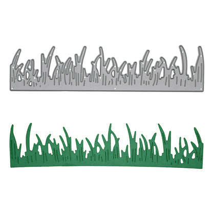 Grass border metal cutting die with the finished green papercraft border displayed on a white background