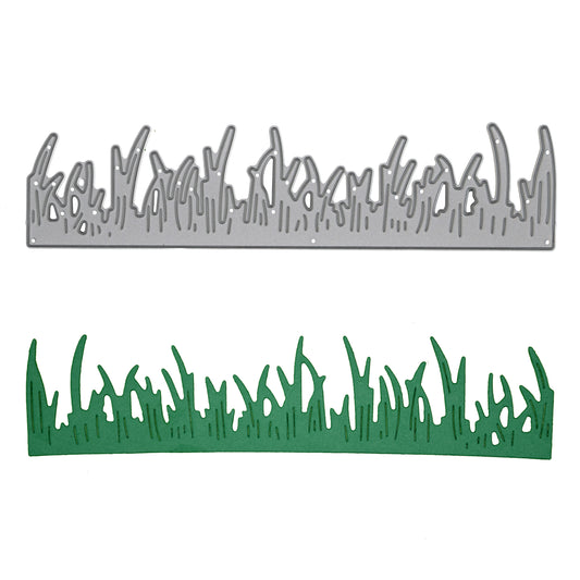 Grass border metal cutting die with the finished green papercraft border displayed on a white background